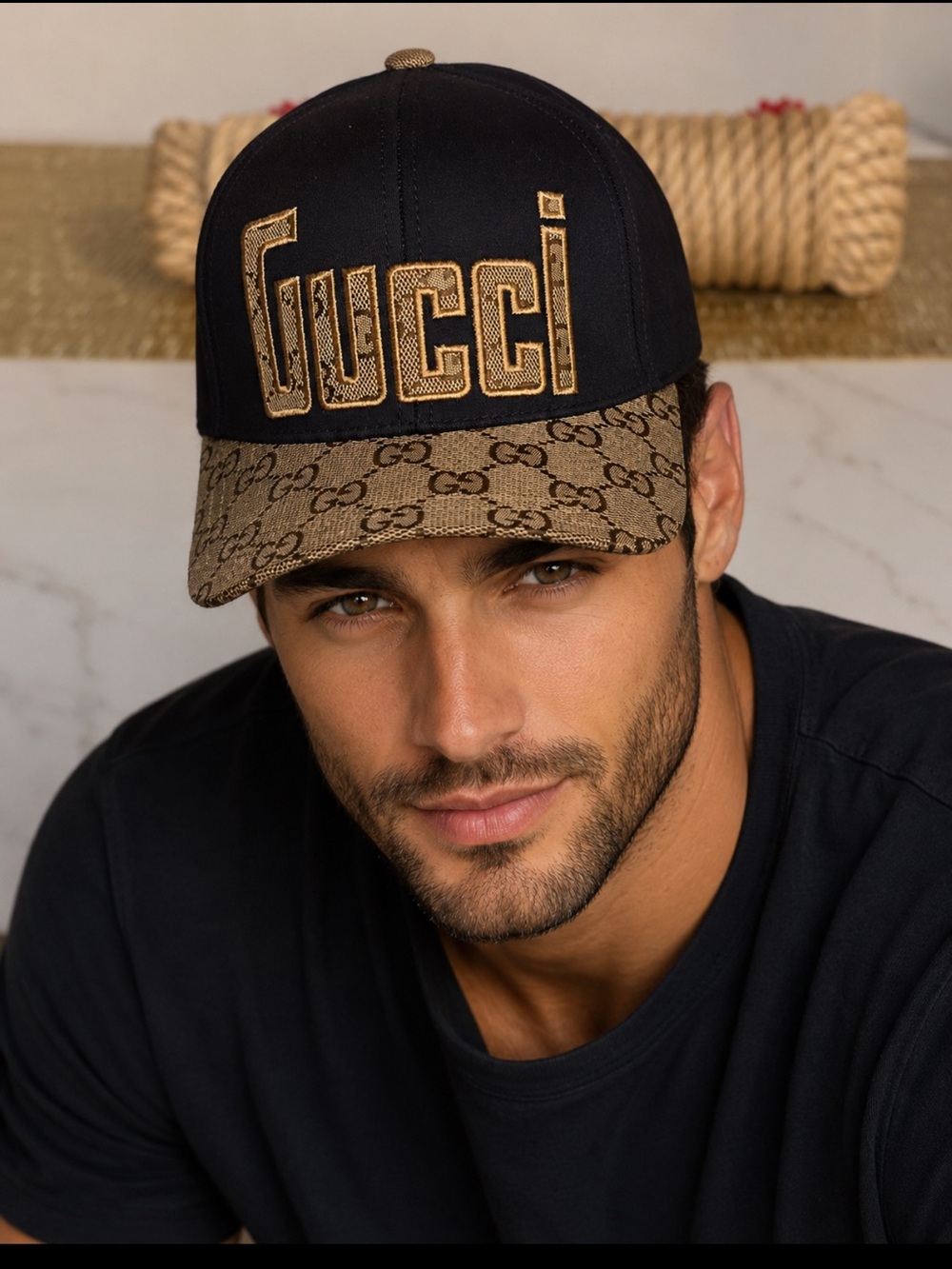 Black and Brown GG Logo Baseball Cap with Gold Embroidery